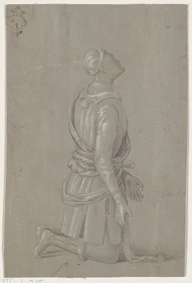 A Kneeling Man in Fifteenth-Century Costume (recto); a small, fragmentary sketch of a recumbant boy, probably by a later hand (verso) — Pinturicchio