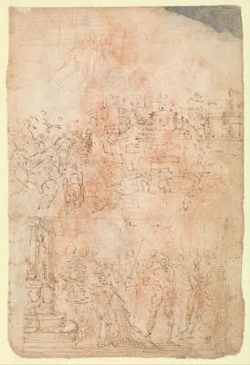 Page from a Sketchbook Depicting a City under Siege and a Scene of Homage(?) (recto); standing figures and a horseman; male and female figures; a battle scene (verso) — Domenico Beccafumi