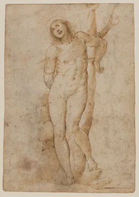 Saint Sebastian (recto); sketches of a male head and a standing figure in a short cape; a copy of the figure on the recto (verso) — Il Sodoma