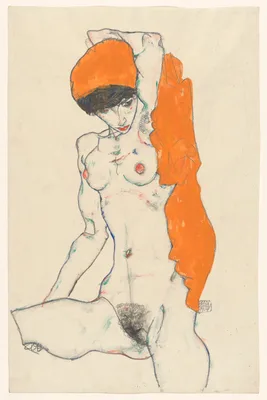 Standing Nude with Orange Drapery (recto): Study of Nude with Arms Raised (verso) — Egon Schiele