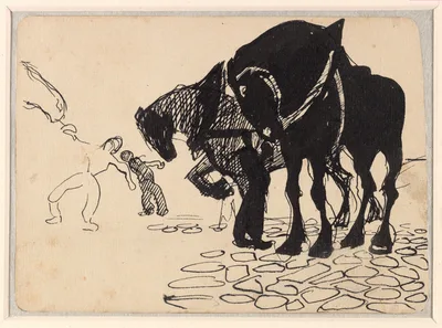 Three Horses Tended by Men; Stone Pavement (recto); Horses and Figures in a Landscape (verso) — Umberto Boccioni