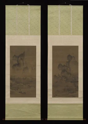해질녘 산사의 종소리 조선 · 煙寺暮鍾圖 朝鮮 · Evening bell from mist-shrouded temple (left); Autumn moon over Lake Dongting (right) — An Kyŏn
