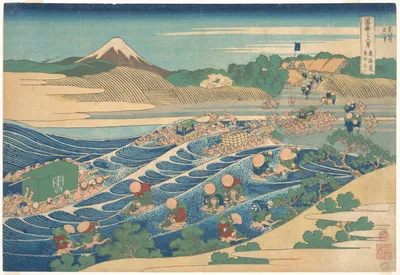 冨嶽三十六景　東海道金谷の不二 · Fuji Seen from Kanaya on the Tōkaidō (Tōkaidō Kanaya no Fuji), from the series Thirty-six Views of Mount Fuji (Fugaku sanjūrokkei) — Katsushika Hokusai
