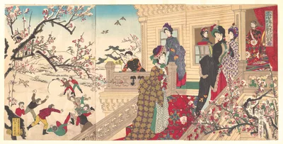 『雪中梅荘群児遊戯 図』 · Children Playing in the Snow under Plum Trees in Bloom  (Secchū  baisō gunji yūgi zu) — Toyohara Chikanobu