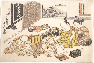『閨の雛形』　正月 · Plate from the Erotic Book Mounds of Dyed Colors: A Pattern Book for the Boudoir (Someiro no yama neya no hinagata), First Month — Okumura Masanobu