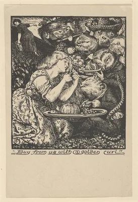 Buy from Us with a Golden Curl (frontispiece to "Goblin Market and other Poems" by Christina Rossetti) — Dante Gabriel Rossetti · Morris, Marshall, Faulkner and Co. · Christina Georgina Rossetti · Charles Joseph Faulkner