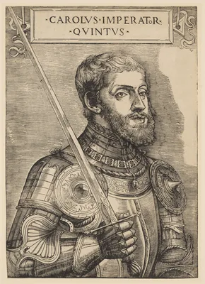 Charles V, bust length, holding a sword, facing right — Titian (Tiziano Vecellio) · Giovanni Britto · Charles V, Holy Roman Emperor
