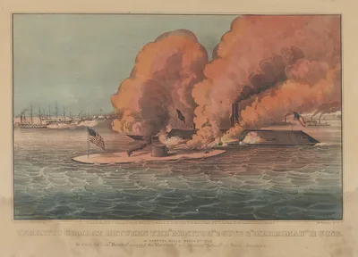 Terrific Combat Between the "Monitor" 2 Guns & "Merrimac" 11 Guns – In Hampton Roads March 9th, 1862 – In which the little "Monitor" whipped the "Merrimac" and the whole "School" of Rebel Steamers — Currier and Ives