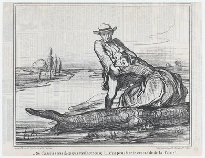 Ne t'assoies pas là-dessus malheureuse!.... c'est peut-être le crocodile de la Patrie!...., from Actualités, published in Le Charivari, July 8, 1858 — Aaron Martinet · Honoré Daumier · Destouches