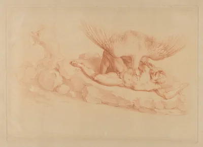 Prometheus, naked, chained to a rock, looking up at an eagle standing over him — Michelangelo Buonarroti · Francesco Bartolozzi