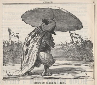 Un parasol dans une position difficule., from Actualités, published in Le Charivari, November 25, 1859 — Destouches · Aaron Martinet · Honoré Daumier