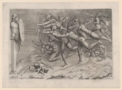 Naked archers shooting at a target attached to a herm, Cupid sleeping below, possibly an allegory related to vice — Michelangelo Buonarroti · Antonio Lafreri · Nicolas Beatrizet
