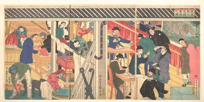 「横浜異人商館買場之圖」 · Foreign Business Establishment in Yokohama (Yokohama ijin shōkan uriba no zu) — Utagawa Sadahide