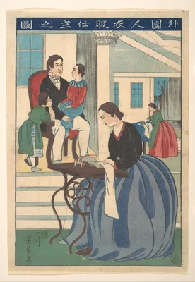 歌川芳員画　『外国人衣服仕立之図』 · Foreign Family with Wife Making Clothes (Gaikokujin ifuku shitate no zu) — Futagawa Yoshikazu