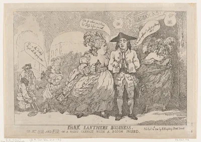 Dark Lanthern Business, or, Mrs. Hob and Nob On a Night Canvass With a Bosom Friend — Hannah Humphrey · Georgiana, Duchess of Devonshire · Lady Albinia Hobart, Countess of Buckinghamshire · Thomas Rowlandson