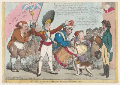 Recruiting on a Broab [sic] Bottom'd Principle — T. Blacklock · Richard Brinsley Sheridan · George III, King of Great Britain and Ireland · Edward Smith Stanley, 12th Earl of Derby · Charles James Fox · Thomas Rowlandson