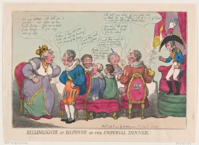 Billingsgate at Bayonne, or The Imperial Dinner! — Charles IV, King of Spain · Rudolph Ackermann, London · Maria Luisa, Queen of Spain · Maria Isabella · Napoléon Bonaparte · Thomas Rowlandson
