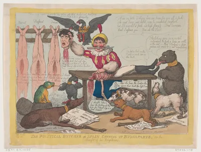 The Political Butcher, or Spain Cutting Up Buonaparte For The Benefit Of Her Neighbours — Napoléon Bonaparte · Thomas Rowlandson · Rudolph Ackermann, London · G. Sauley [Farnham]