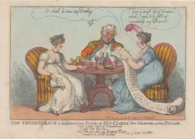 The Triumverate of Gloucester Place, or The Clarke, The Soldier, and The Taylor — Mary Anne Clarke · Thomas Tegg · Thomas Rowlandson