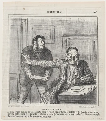 At a usurer's, from 'News of the day,' published in Le Charivari, March 21, 1865 — Destouches · Aaron Martinet · Honoré Daumier