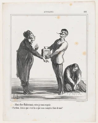 –My dear Holsteiner, I urge you to vote. –Pardon me, but am I going to end the same way as this one?, from 'News of the day,' published in Le Charivari, June 23, 1866 — Destouches · Arnaud de Vresse · Honoré Daumier