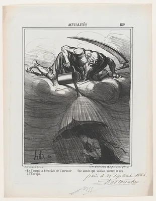 Thank God for the rain... especially since Europe was almost set on fire, from 'News of the day,' published in Le Charivari, October 8, 1866 — Arnaud de Vresse · Destouches · Honoré Daumier