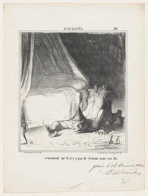 Making sure that there is no Fenian under his bed, from 'News of the day,' published in Le Charivari, December 21, 1866 — Destouches · Arnaud de Vresse · Honoré Daumier