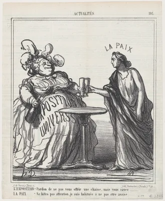 The world fair: Pardon me for not offering you a chair, but you know... Peace: Don't worry, I am not used to being seated, from 'News of the day,' published in Le Charivari, September 16, 1867 — Arnaud de Vresse · Destouches · Honoré Daumier