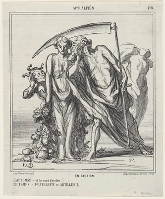 On Sentry Duty: Autumn –and the password? Time–Fraternity and artillery, from 'News of the day,' published in Le Charivari, September 30, 1867 — Arnaud de Vresse · Honoré Daumier · Destouches