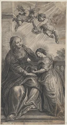 The education of the Virgin, with Saint Anne and the Virgin Mary reading with two putti overhead — Gaspar Huberti · Conraet Woumans · Peter Paul Rubens