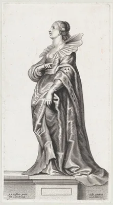 A woman standing on a pedestal, wearing a fur-trimmed coat and ruff — Gillis Hendricx · Peter Paul Rubens · Peeter Clouwet