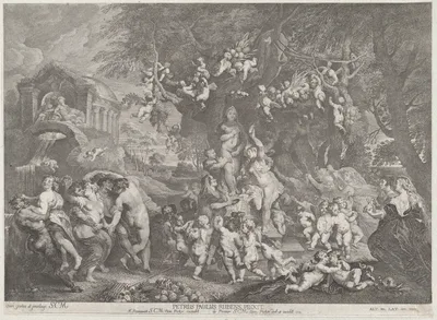 The Feast of Venus, with groups of satyrs, nymphs, and putti dancing around a statue of Venus — Frans van Stampart · Peter Paul Rubens · Anton Joseph von Prenner