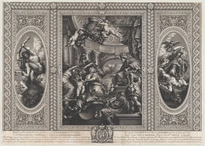 An allegorical scene showing the benefits of James' reign at center, Wise Government trampling Rebellion at right, and Liberty trampling Avarice at left — James I, King of England, Scotland and Ireland · Peter Paul Rubens · Simon Gribelin II