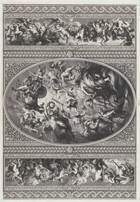 The apotheosis of James I in an oval at center, friezes with putti and garlands on either side — James I, King of England, Scotland and Ireland · Peter Paul Rubens · Simon Gribelin II