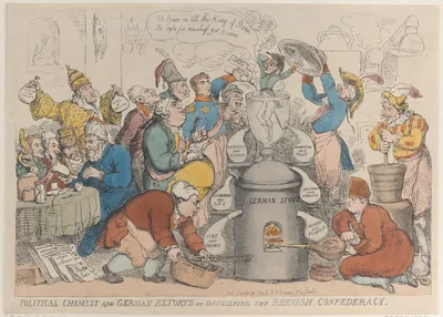 Political Chemist and German Retorts or Dissolving the Rhenish Confederacy — Frederick William III, King of Prussia · Rudolph Ackermann, London · Francis II, Holy Roman Emperor · Frederick Augustus I, King of Saxony · Pope Pius VII · Frederick I, King of Württemberg · Thomas Rowlandson · Tsar Alexander I · Napoléon Bonaparte · Karl XIV Johan, King of Sweden and Norway