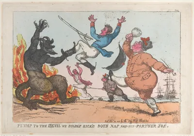 Plump to the Devil We Boldly Kick'd Both Nap and His Partner Joe — Napoléon Bonaparte · Joseph Bonaparte · Thomas Tegg · Thomas Rowlandson