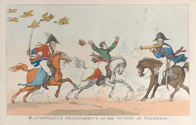 R. Ackermann's Transparency on the Victory of Waterloo — Arthur Wellesley, 1st Duke of Wellington · Gebhard Leberecht von Blücher · Napoléon Bonaparte · Rudolph Ackermann, London · Thomas Rowlandson