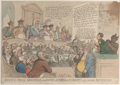 Boney's Trial Sentence and Dying Speech, or Europe's Injuries Revenged — Pope Pius VII · Napoléon Bonaparte · Rudolph Ackermann, London · Ferdinand VII, King of Spain · Francis II, Holy Roman Emperor · Gebhard Leberecht von Blücher · Frederick William III, King of Prussia · Louis XVIII, King of France · Thomas Rowlandson · Tsar Alexander I