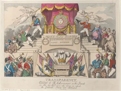 Transparency: Exhibited at R. Ackermann's in the Strand on the 27th November 1815, the Day on which the General Peace was Celebrated in London — Arthur Wellesley, 1st Duke of Wellington · Rudolph Ackermann, London · Gebhard Leberecht von Blücher · Thomas Rowlandson · Louis XVIII, King of France · Napoléon Bonaparte