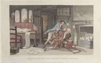 Conflict Between Quae Genus and Lawyer Gripe-all — J. Diggens · Rudolph Ackermann, London · William Combe · Thomas Rowlandson