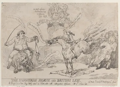 The Hanoverian Horse and British Lion — Charles Wolfran Cornwall · Thomas Rowlandson · Charles James Fox · William Pitt · William Humphrey