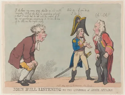 John Bull Listening to the Quarrels of State Affairs — Napoléon Bonaparte · Thomas Rowlandson · Henry Addington, 1st Viscount Sidmouth · Rudolph Ackermann, London