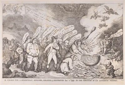 A Charm for a Democracy, Reviewed, Analysed, & Destroyed Jan 1 1799 to the Confusion of its Affiliated Friends — Charles James Fox · Thomas Rowlandson · Henri Merke · James Whittle · Maximilien-François-Marie-Isidore de Robespierre · George III, King of Great Britain and Ireland · William Pitt