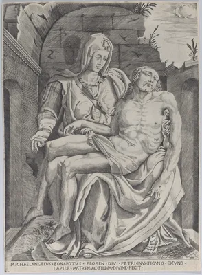 Pietà, set against an arched ruin — Michelangelo Buonarroti · Master of the Name of Jesus Christ