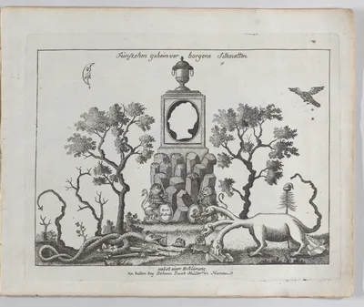 Landscape containing fifteen silhouettes — Maximilien-François-Marie-Isidore de Robespierre · Marie Thérèse Charlotte of France · Catherine II, Empress of Russia · Louis XVII · Louis XVI, King of France · Marie Antoinette, Queen of France · Anonymous, German, 18th century