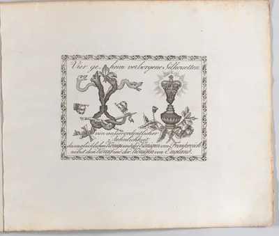 Landscape containing "Four Secretly Hidden Silhouettes" — George III, King of Great Britain and Ireland · Charlotte, Queen of England · Marie Antoinette, Queen of France · Louis XVI, King of France · Anonymous, German, 18th century