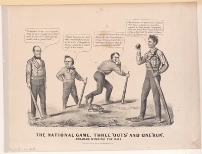 The National Game. Three "Outs" and One "Run" – Abraham Winning the Ball — John Bell · Currier & Ives · Stephen Arnold Douglas · Abraham Lincoln · John C. Breckinridge · Louis Maurer