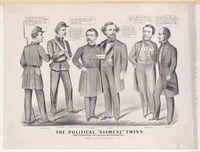 The Political "Siamese" Twins, the offspring of Chicago miscegenation — Currier & Ives · General George B. McClellan · Clement Laird Vallandigham · Horatio Seymour · George Hunt Pendleton
